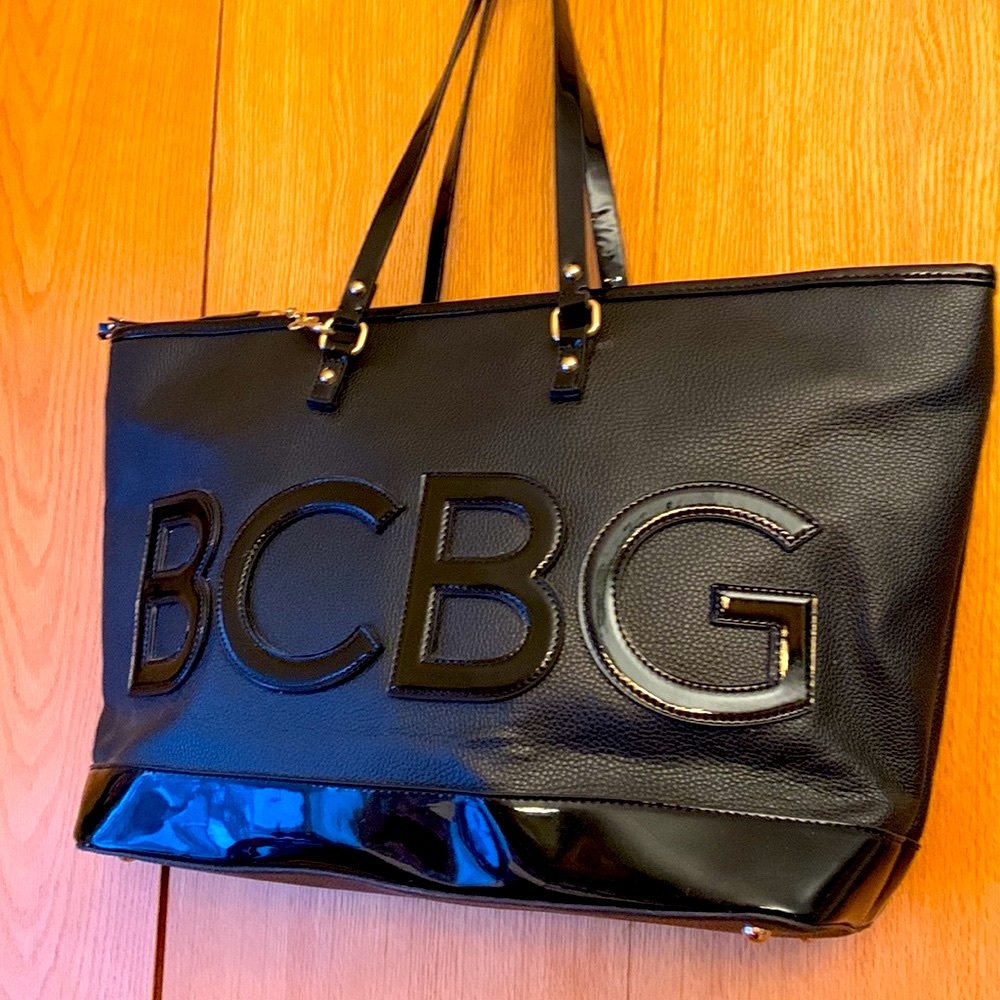 BCBG Paris large vegan shiny logo shoulder tote removable tassel / zipper pouch